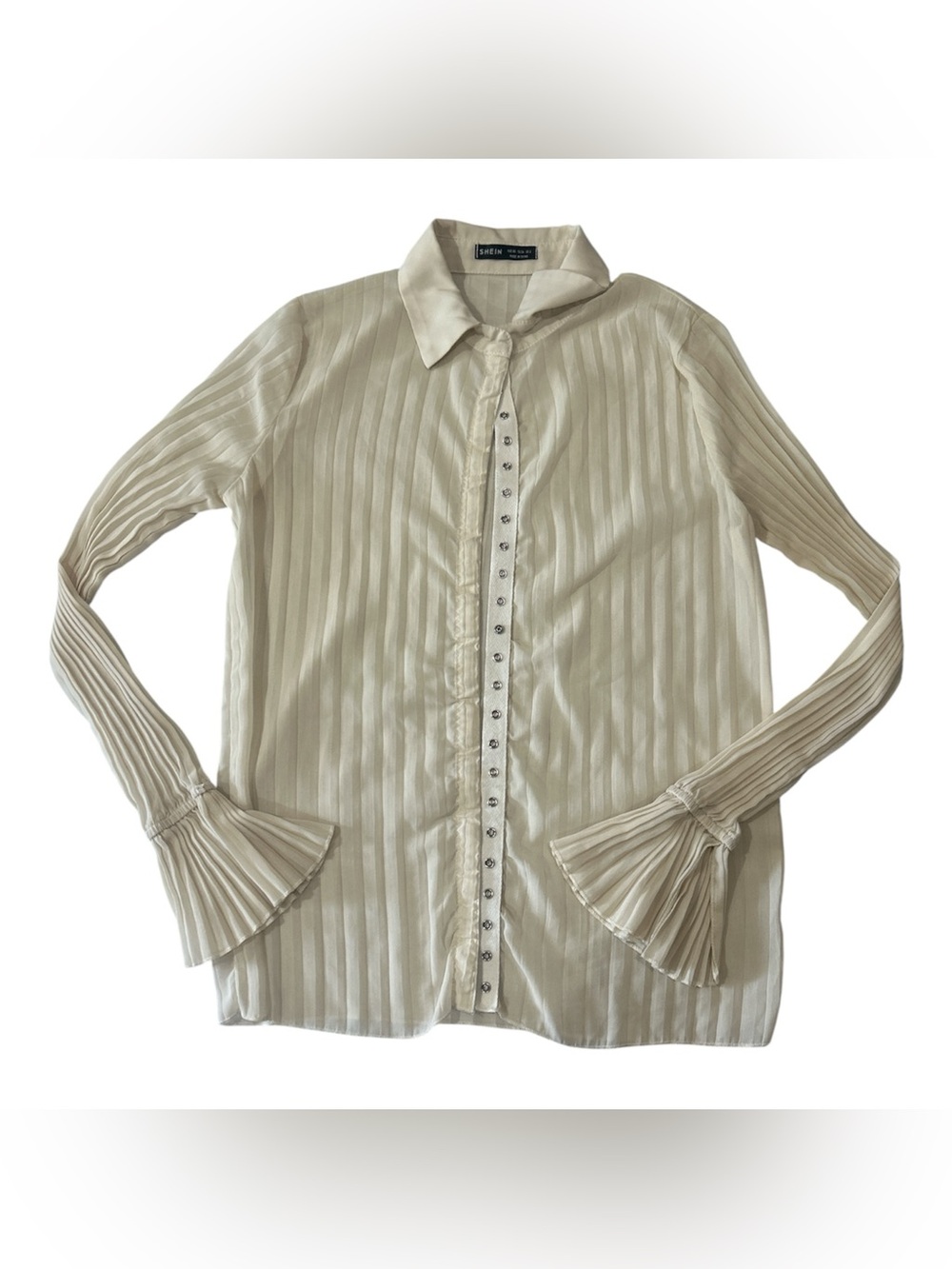 SHEIN Cream Pleated Ruffle Cuff Button-Up Blouse Sz XS
